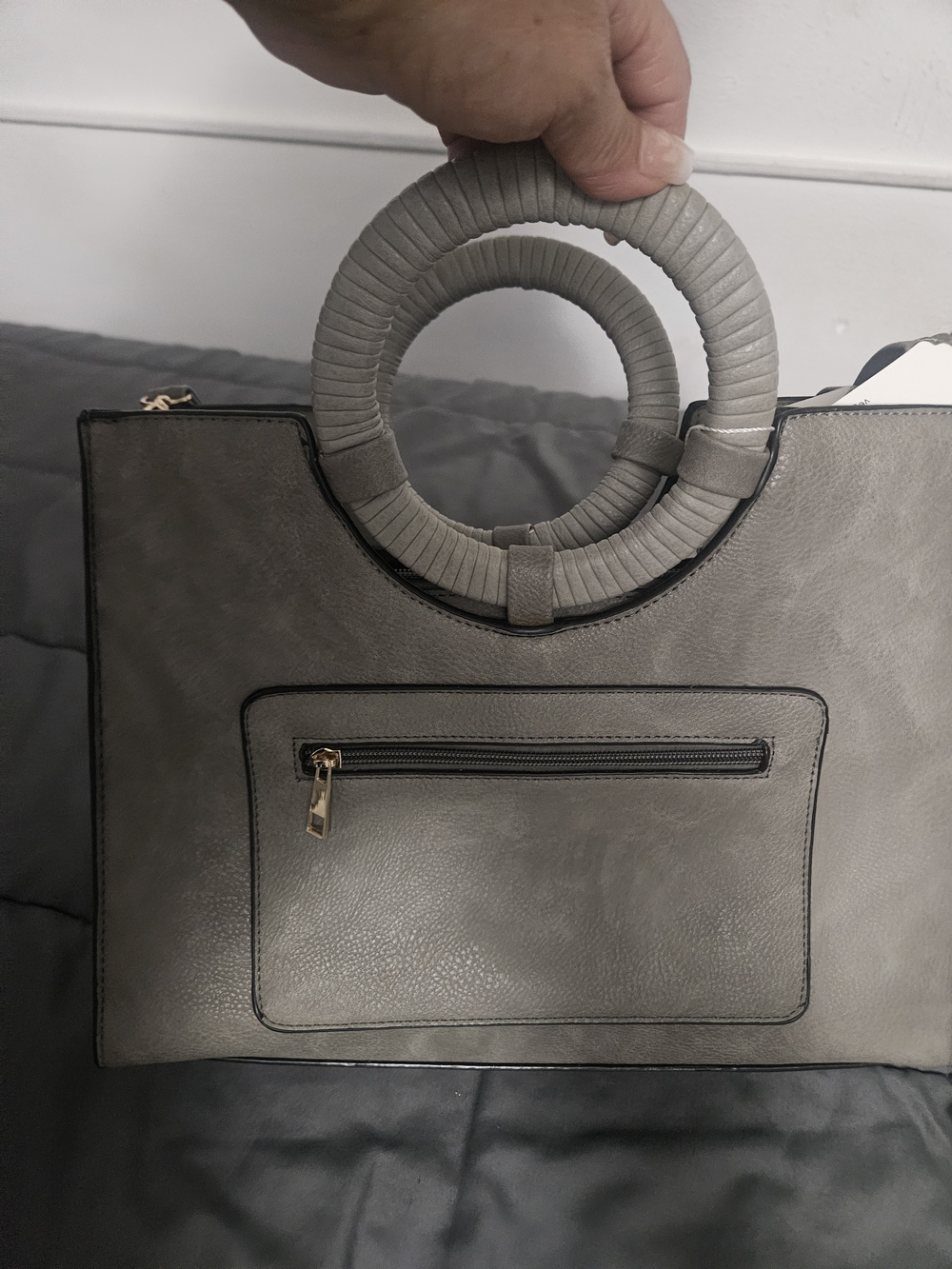 Gray Circle-Handle WomenBag with Front Zip Pocket